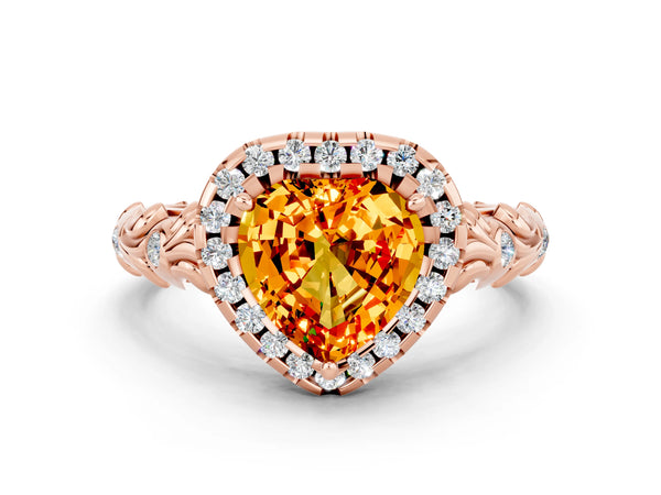 Rose gold Heart Cut Citrine Halo Ring with Filigree Band and Prong Setting
