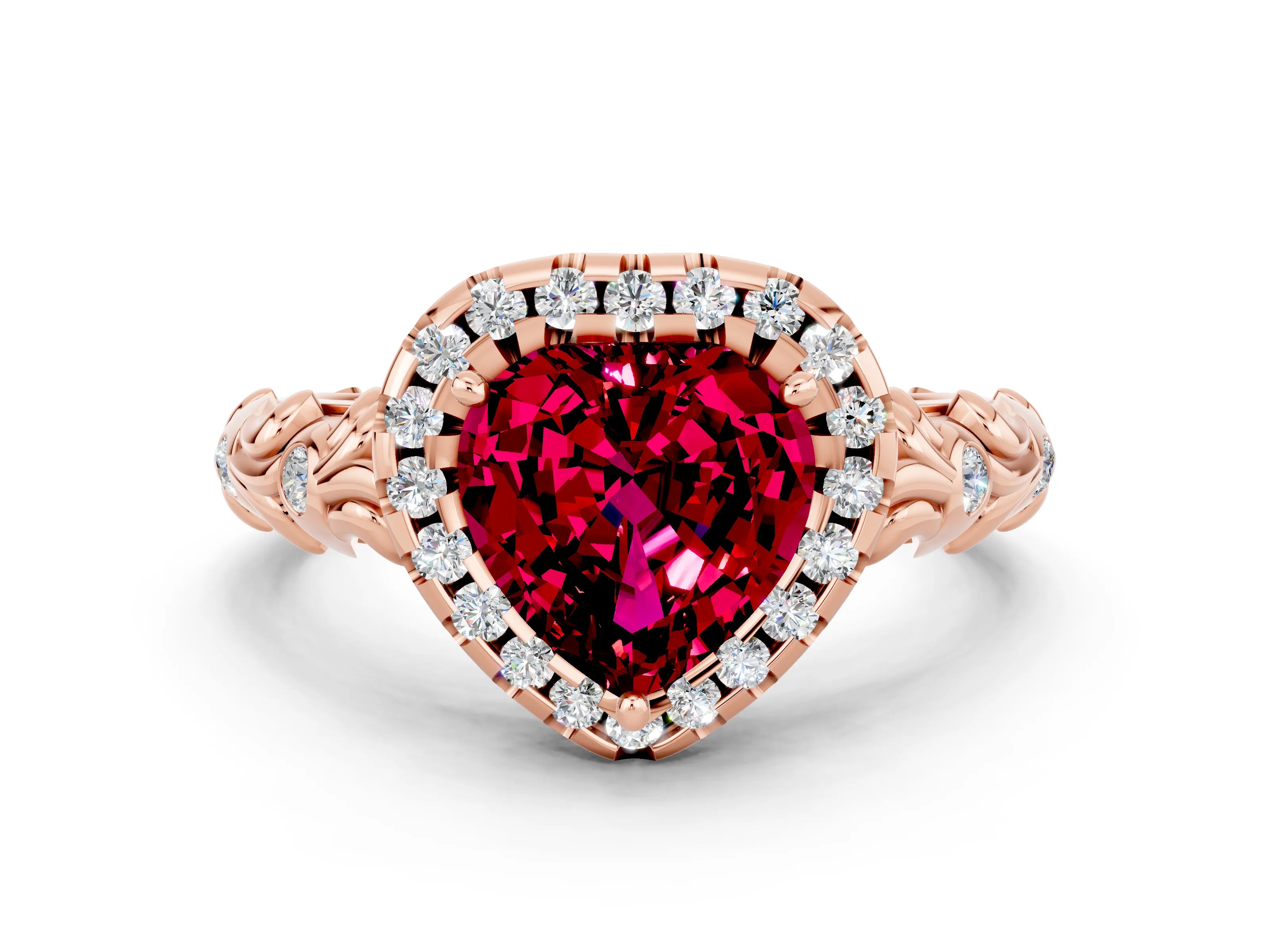 Rose gold Heart Cut Halo Diamond Solitaire with Filigree Band and Four-Prong Setting