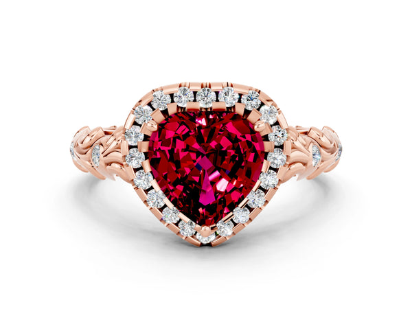 Rose gold Heart Cut Garnet Halo Ring with Filigree Band and Prong Setting