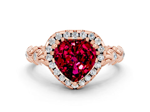 Rose gold Heart Cut Halo Diamond Solitaire with Filigree Band and Four-Prong Setting