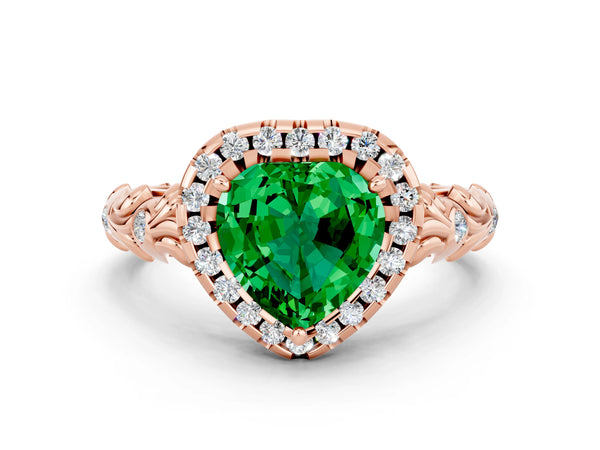 Rose gold Heart Cut Emerald Halo Ring with Filigree Band and Prong Setting