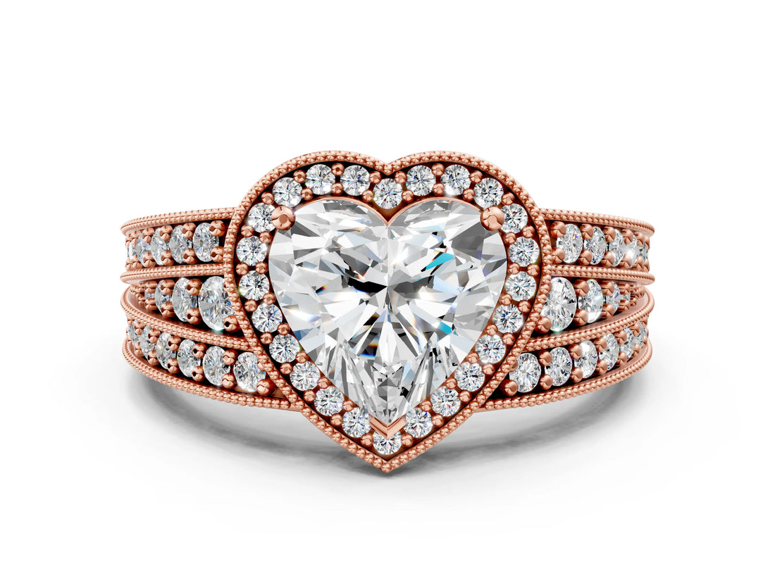 Rose gold Heart Cut Halo Diamond Split Shank Ring with Prong Setting_3