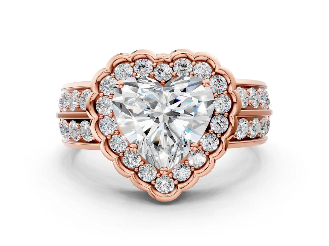 Rose gold Heart Cut Halo Diamond Split Shank Ring with Scalloped Prong Setting_7
