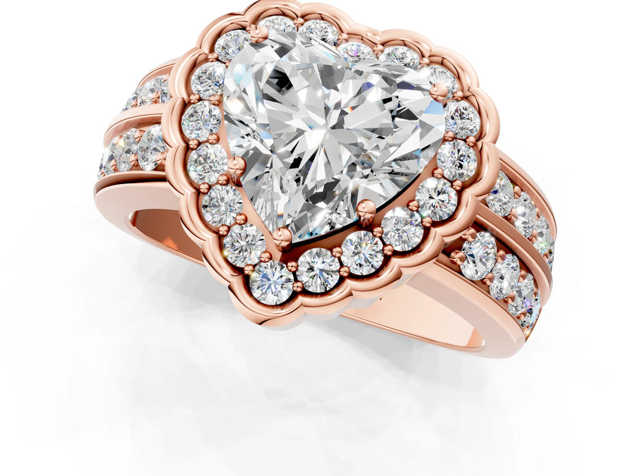 Rose gold Heart Cut Halo Diamond Split Shank Ring with Scalloped Prong Setting