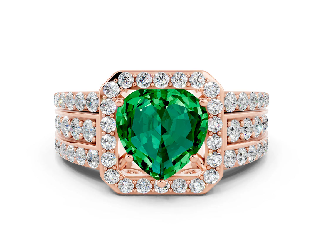 Rose gold Heart Cut Halo Emerald Ring with Split Shank and Four-Prong Setting