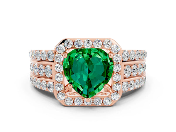 Rose gold Heart Cut Halo Emerald Ring with Round  Split Shank and Prong Setting
