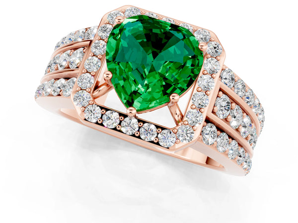 Rose gold Heart Cut Halo Emerald Ring with Round  Split Shank and Prong Setting