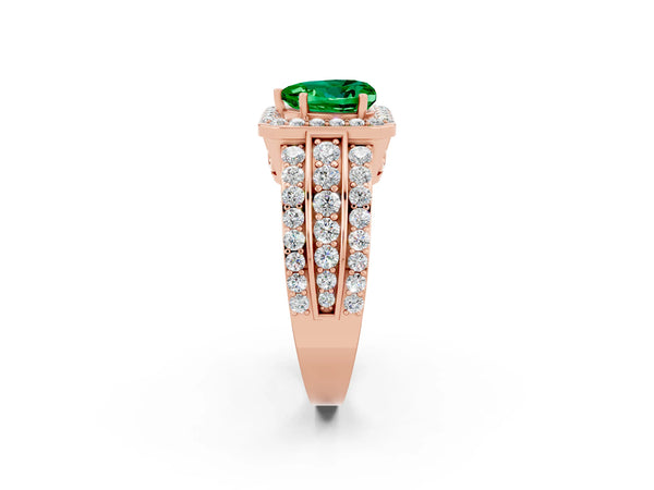 Rose gold Heart Cut Halo Emerald Ring with Round  Split Shank and Prong Setting