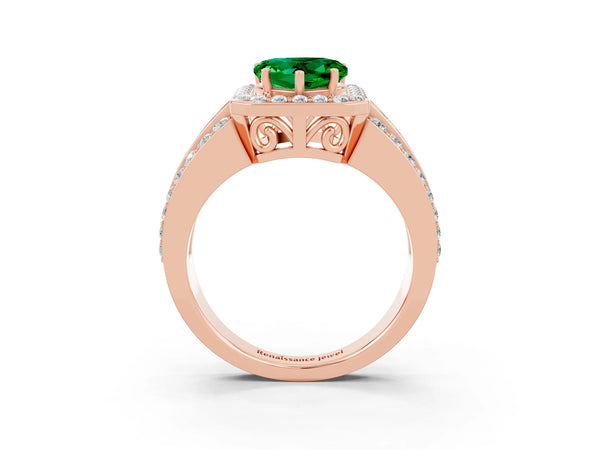 Rose gold Heart Cut Halo Emerald Ring with Round  Split Shank and Prong Setting