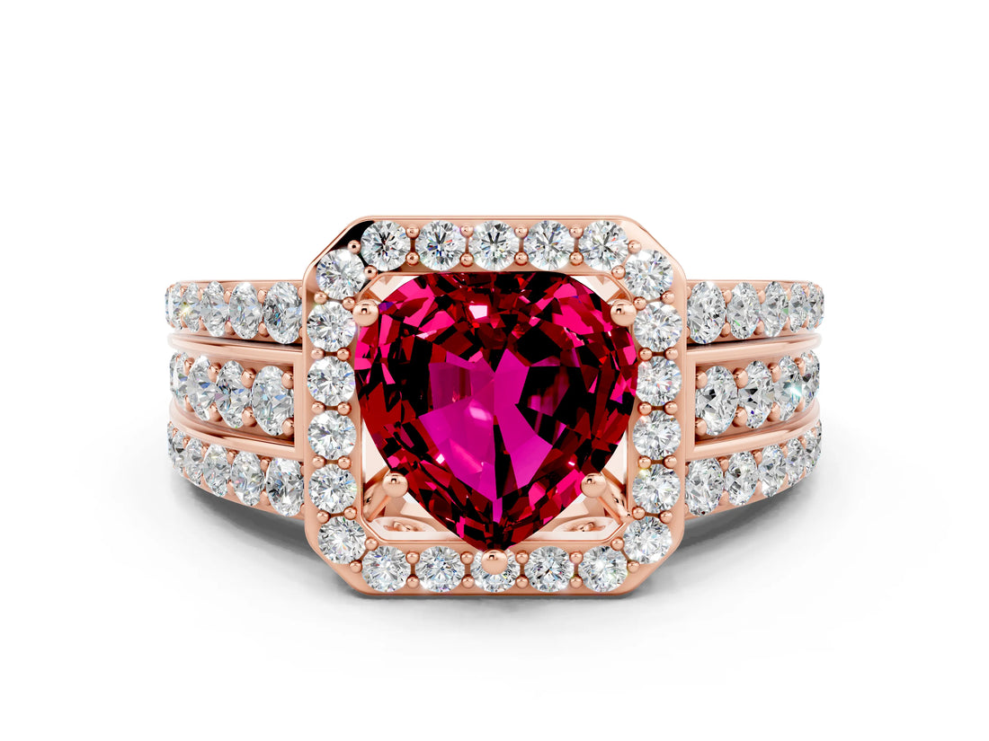 Rose gold Heart Cut Halo Garnet Ring with Split Shank and Four-Prong Setting