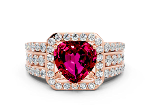 Rose gold Heart Cut Halo Garnet Ring with Round  Split Shank and Prong Setting