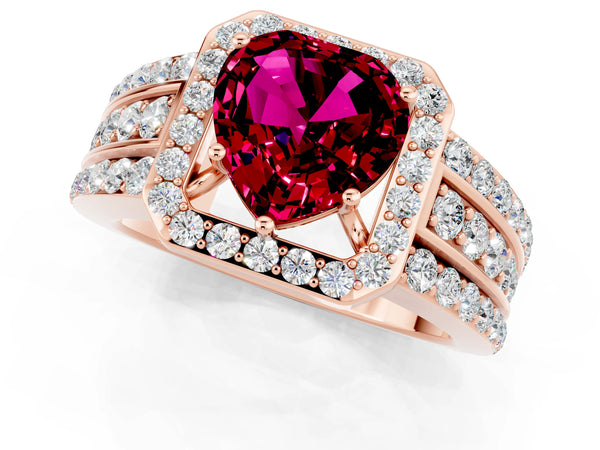Rose gold Heart Cut Halo Garnet Ring with Round  Split Shank and Prong Setting