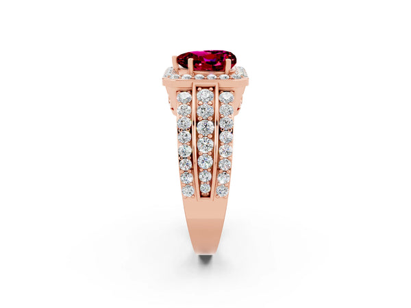 Rose gold Heart Cut Halo Garnet Ring with Round  Split Shank and Prong Setting
