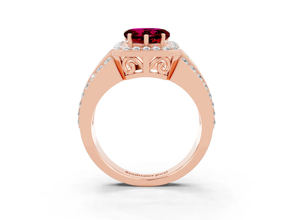 Rose gold Heart Cut Halo Garnet Ring with Round  Split Shank and Prong Setting