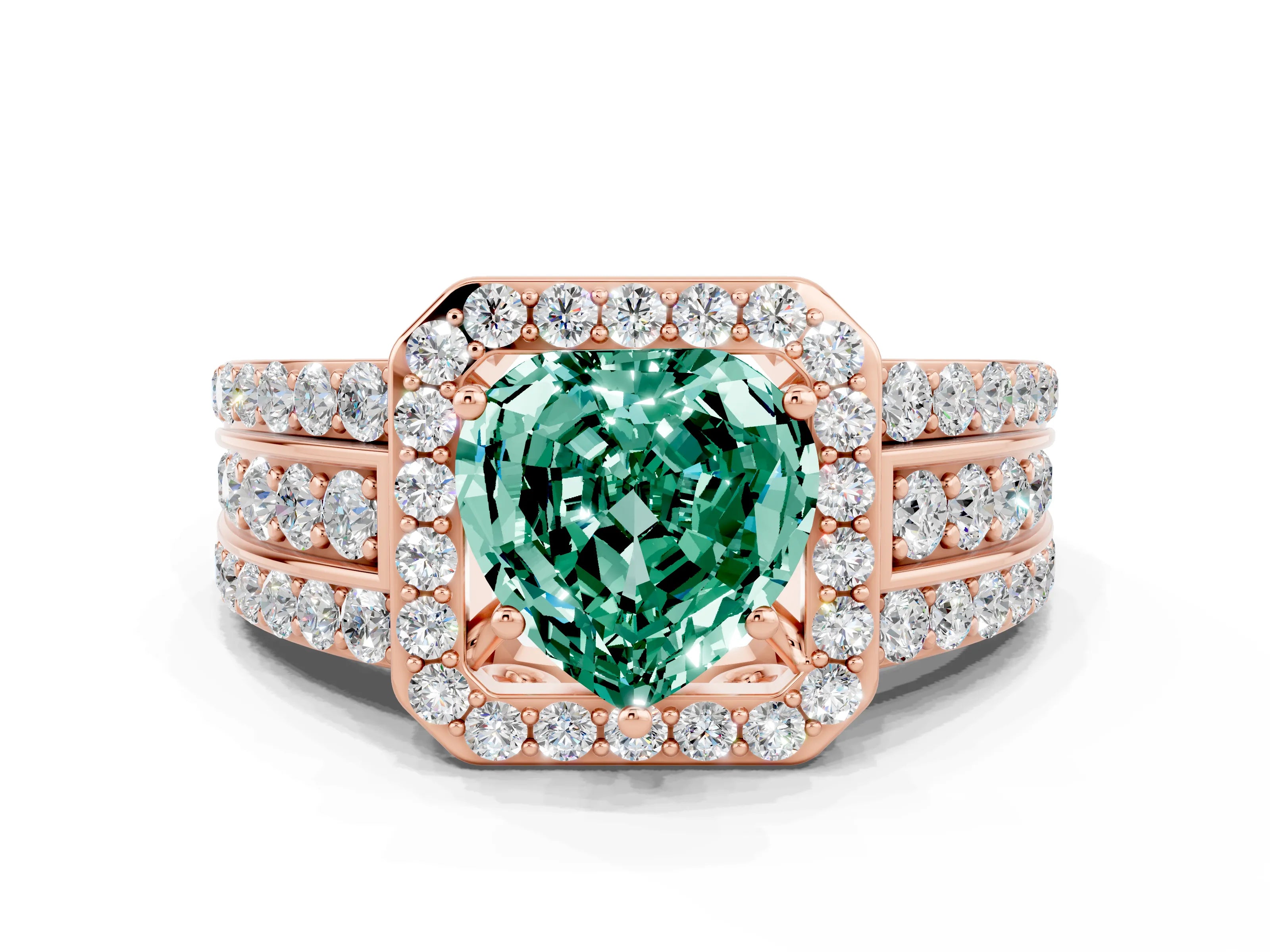 Rose gold Heart Cut Halo Green Sapphire Ring with Split Shank and Four-Prong Setting