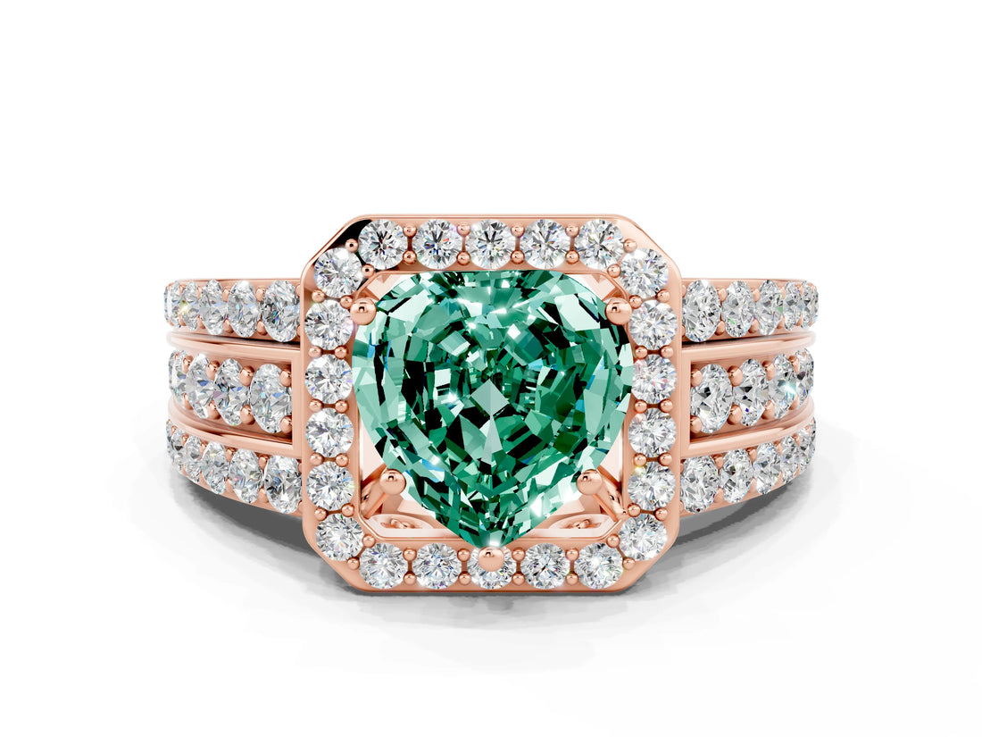 Rose gold Heart Cut Halo Green Sapphire Ring with Split Shank and Four-Prong Setting