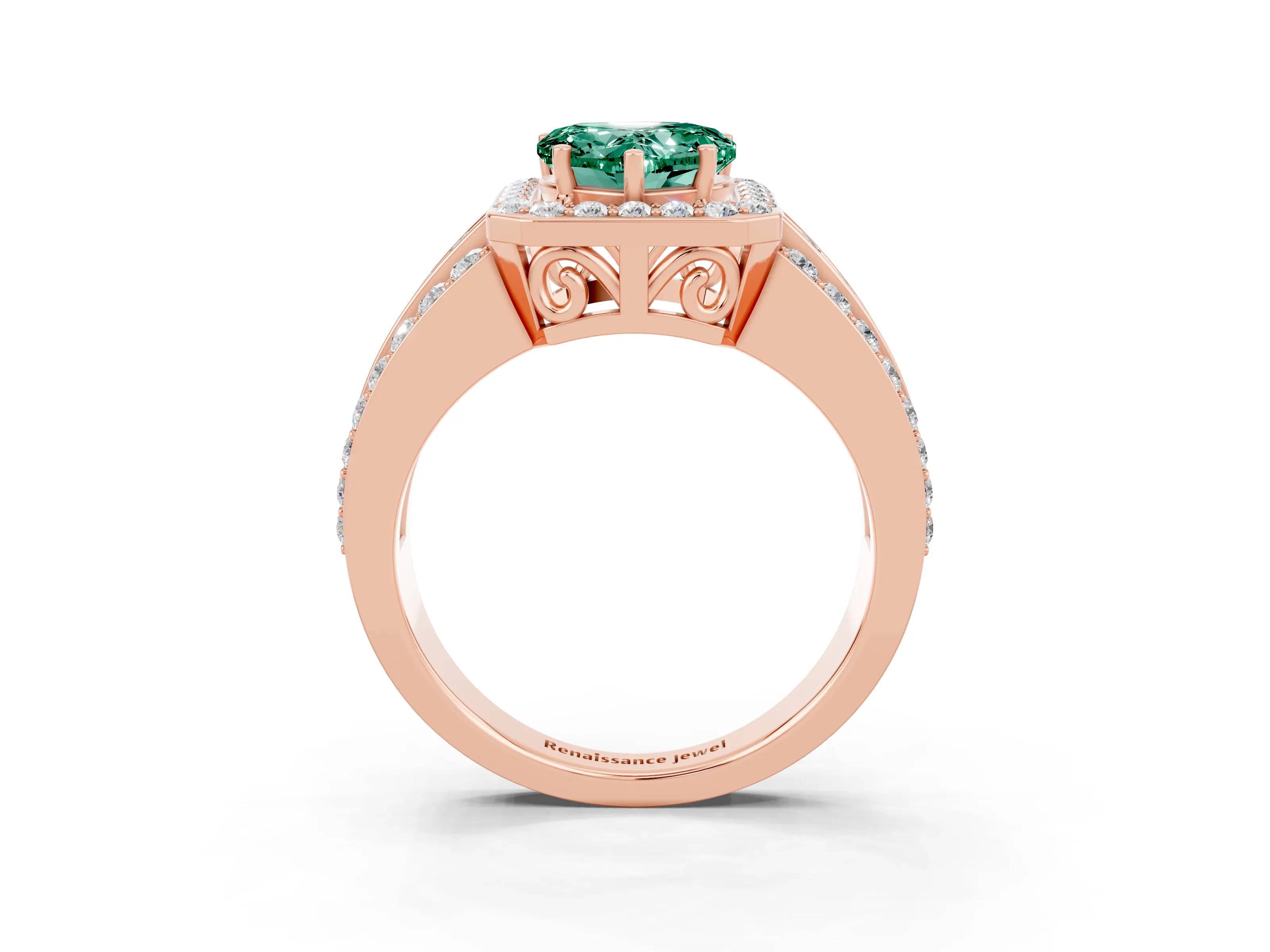 Rose gold Heart Cut Halo Green Sapphire Ring with Split Shank and Four-Prong Setting_3