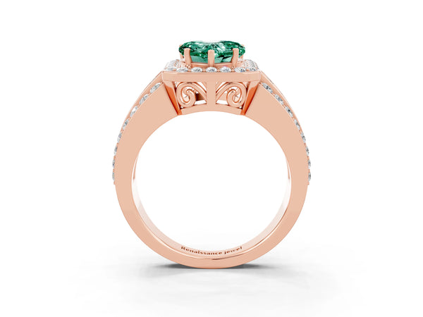 Rose gold Heart Cut Halo Green Sapphire Ring with Round  Split Shank and Prong Setting