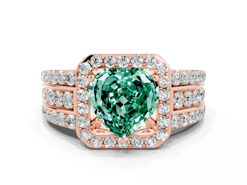 Rose gold Heart Cut Halo Green Sapphire Ring with Split Shank and Four-Prong Setting