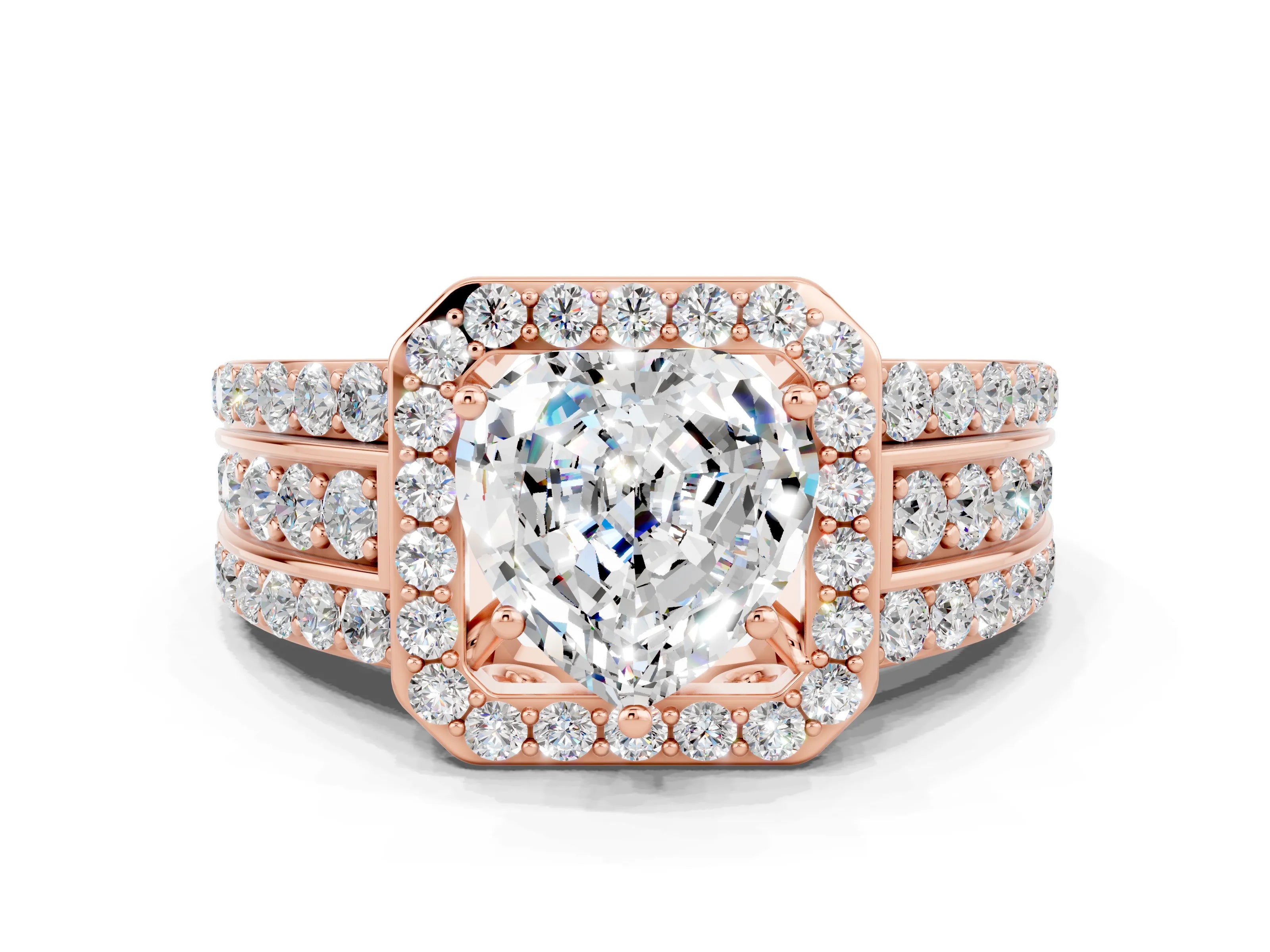 Rose gold Heart Cut Halo Moissanite Ring with Split Shank and Four-Prong Setting