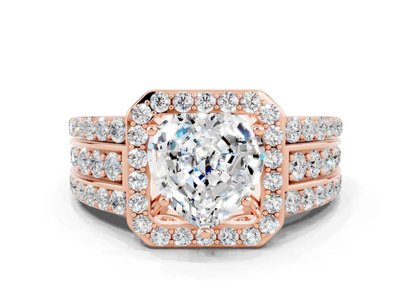 Rose gold Heart Cut Halo Moissanite Ring with Round  Split Shank and Prong Setting