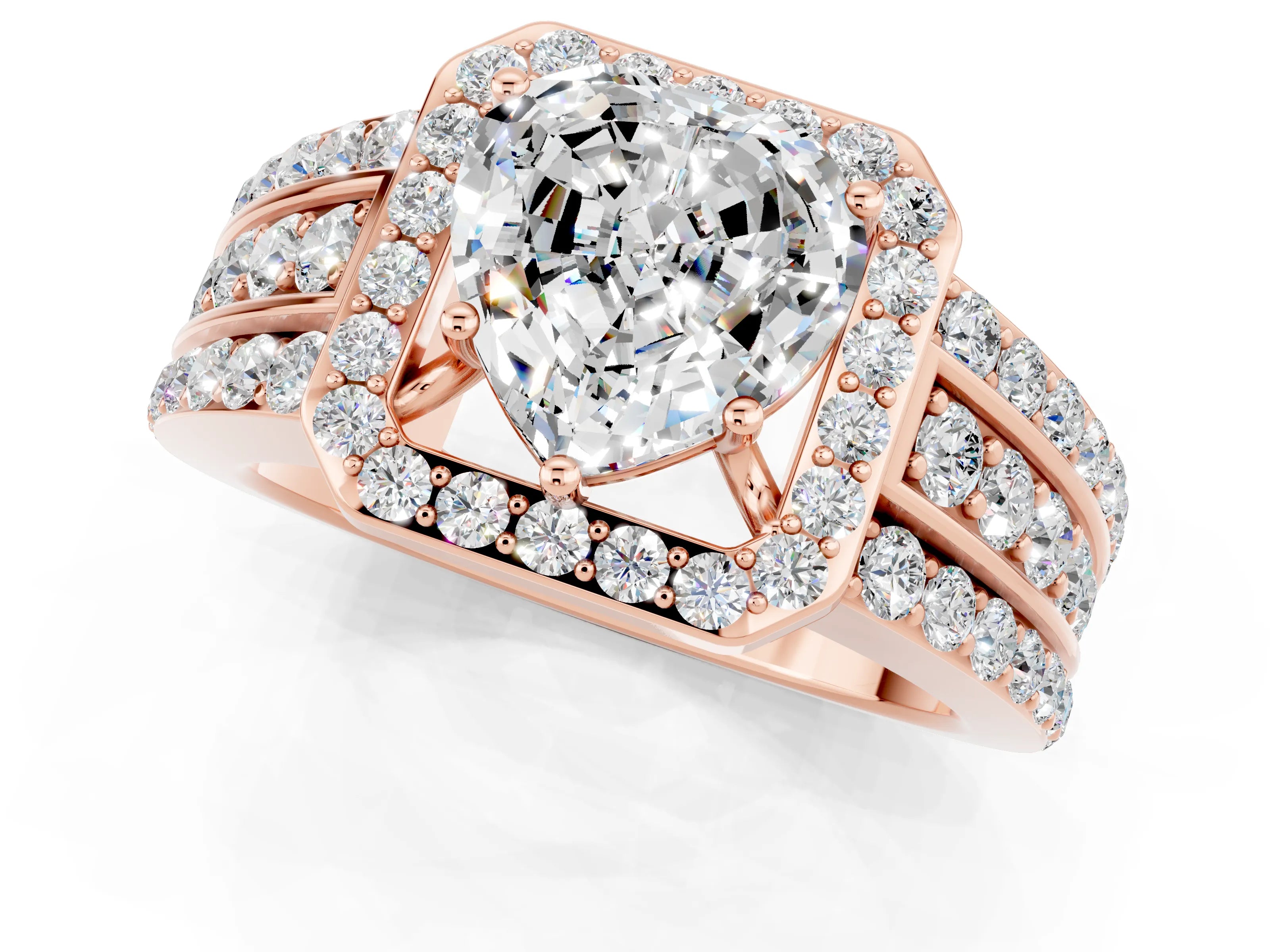 Rose gold Heart Cut Halo Moissanite Ring with Split Shank and Four-Prong Setting_1