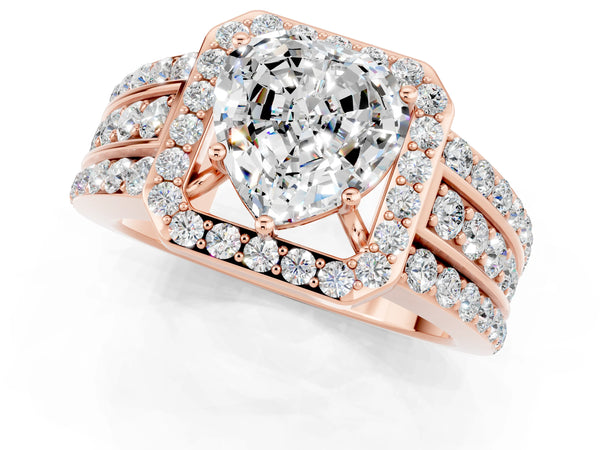 Rose gold Heart Cut Halo Moissanite Ring with Round  Split Shank and Prong Setting