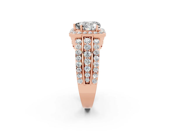 Rose gold Heart Cut Halo Moissanite Ring with Round  Split Shank and Prong Setting