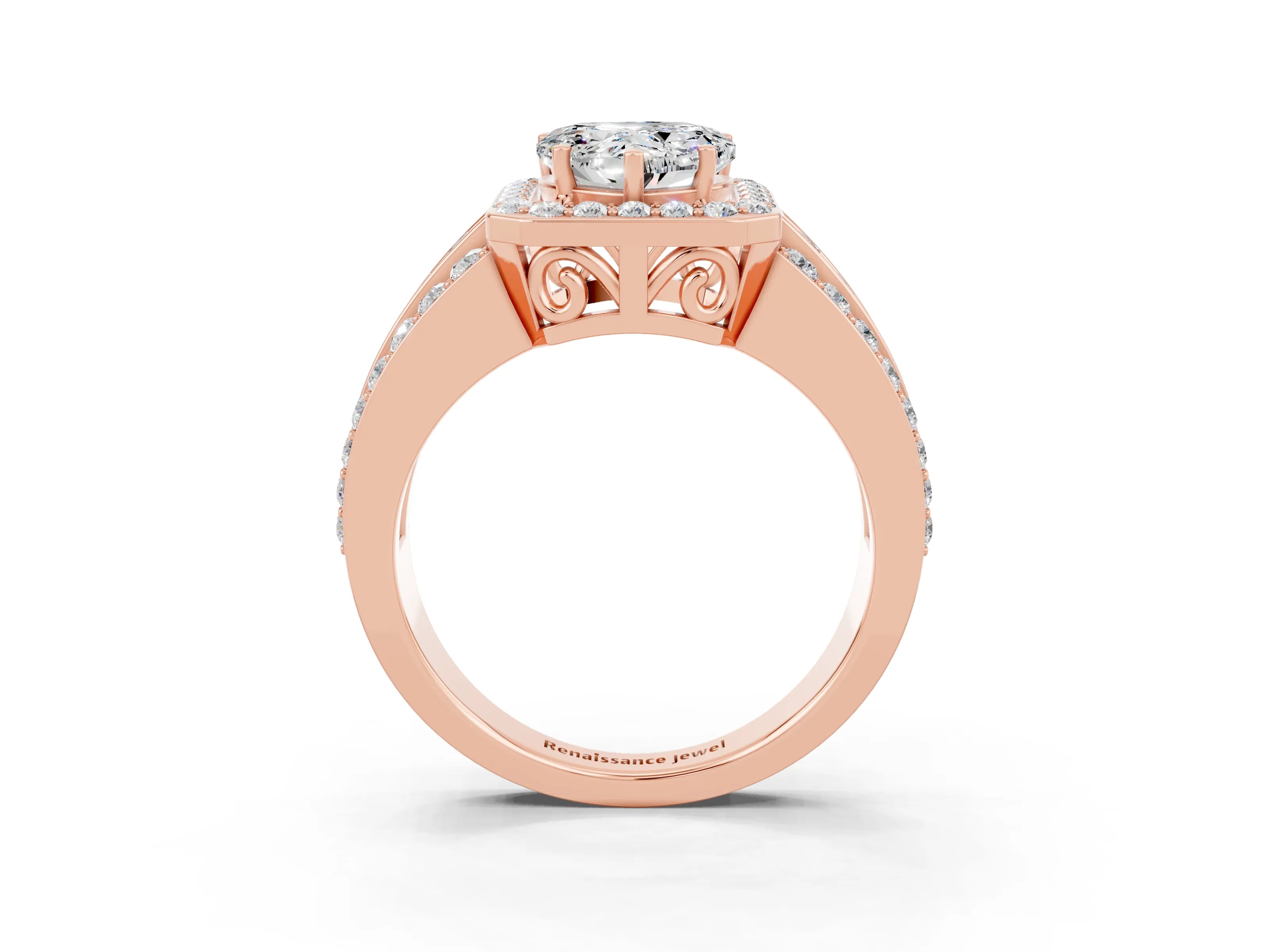 Rose gold Heart Cut Halo Moissanite Ring with Split Shank and Four-Prong Setting_3