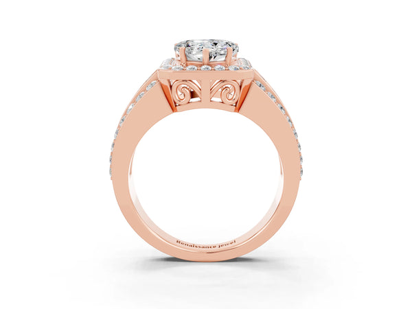 Rose gold Heart Cut Halo Moissanite Ring with Round  Split Shank and Prong Setting