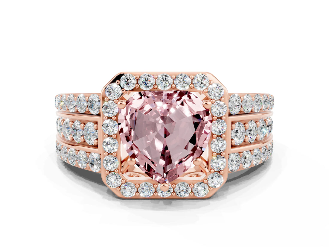 Rose gold Heart Cut Halo Morganite Ring with Split Shank and Four-Prong Setting