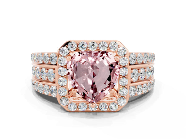 Rose gold Heart Cut Halo Morganite Ring with Round  Split Shank and Prong Setting