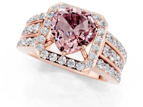 Rose gold Heart Cut Halo Morganite Ring with Round  Split Shank and Prong Setting