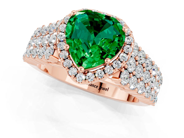 Rose gold Heart Cut Emerald Halo Engagement Ring with Triple Row Round Pavé Band and Prong Setting