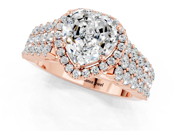 Rose gold Heart Cut Moissanite Halo Engagement Ring with Triple Row Round Pavé Band and Prong Setting