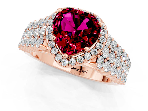 Rose gold Heart Cut Garnet Halo Engagement Ring with Triple Row Round Pavé Band and Prong Setting