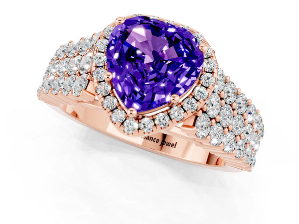 Rose gold Heart Cut Tanzanite Halo Engagement Ring with Triple Row Round Pavé Band and Prong Setting