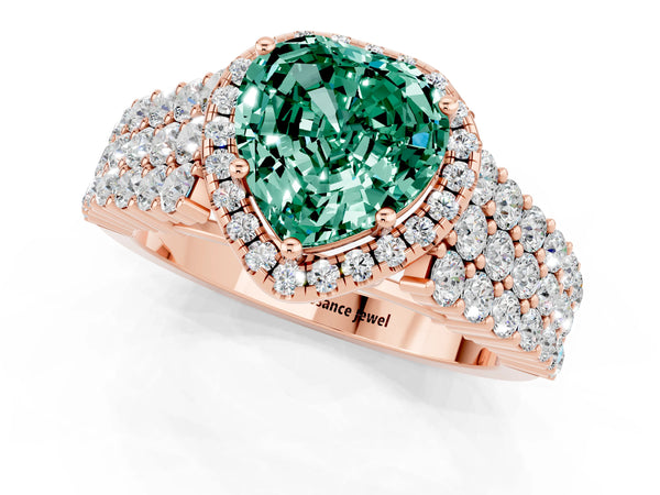 Rose gold Heart Cut Green Sapphire Halo Engagement Ring with Triple Row Round Pavé Band and Prong Setting