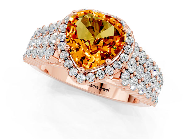 Rose gold Heart Cut Citrine Halo Engagement Ring with Triple Row Round Pavé Band and Prong Setting