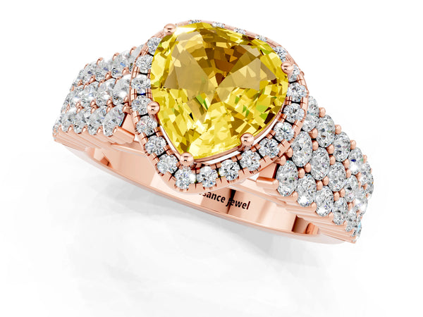 Rose gold Heart Cut Yellow Sapphire Halo Engagement Ring with Triple Row Round Pavé Band and Prong Setting