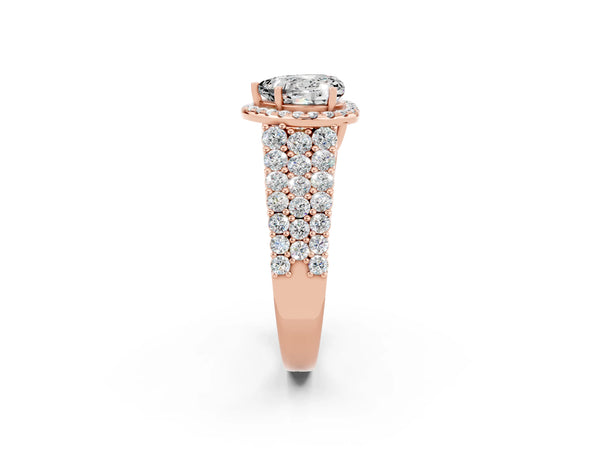 Rose gold Heart Cut Moissanite Halo Engagement Ring with Triple Row Round Pavé Band and Prong Setting