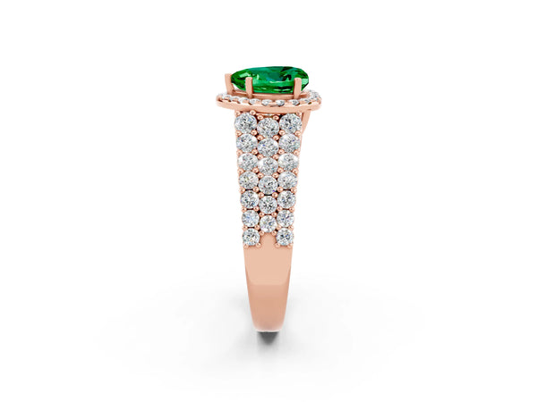 Rose gold Heart Cut Emerald Halo Engagement Ring with Triple Row Round Pavé Band and Prong Setting