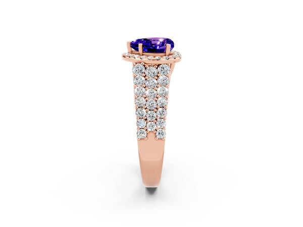 Rose gold Heart Cut Tanzanite Halo Engagement Ring with Triple Row Round Pavé Band and Prong Setting