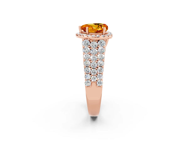 Rose gold Heart Cut Citrine Halo Engagement Ring with Triple Row Round Pavé Band and Prong Setting