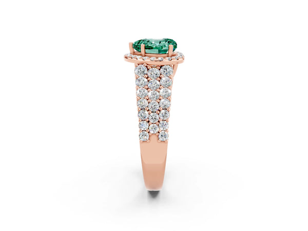 Rose gold Heart Cut Green Sapphire Halo Engagement Ring with Triple Row Round Pavé Band and Prong Setting