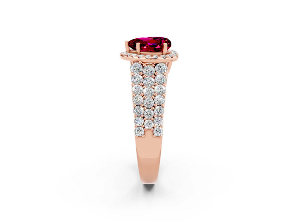 Rose gold Heart Cut Garnet Halo Engagement Ring with Triple Row Round Pavé Band and Prong Setting