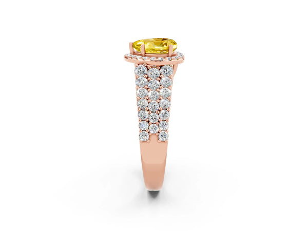 Rose gold Heart Cut Yellow Sapphire Halo Engagement Ring with Triple Row Round Pavé Band and Prong Setting