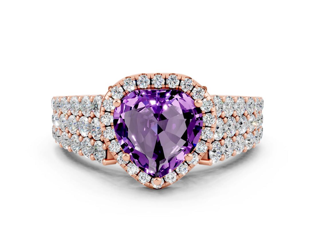 Rose gold Heart Cut Halo Pavé Diamond Engagement Ring with Split Shank and Four-Prong Setting