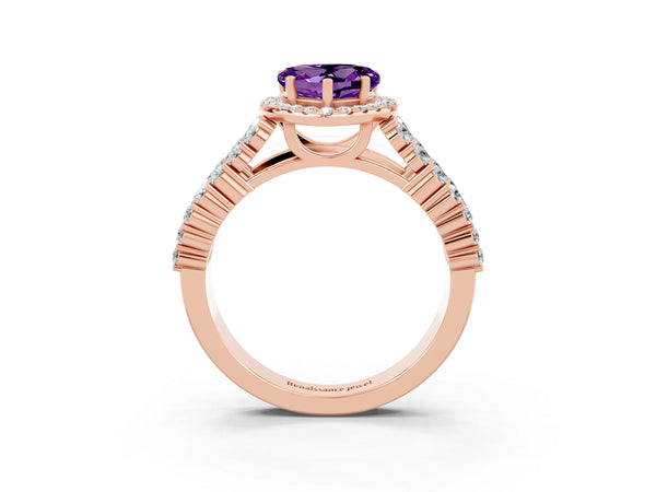 Rose Gold Heart-Shaped Amethyst Halo Engagement Ring with Triple Row Pave Shoulders