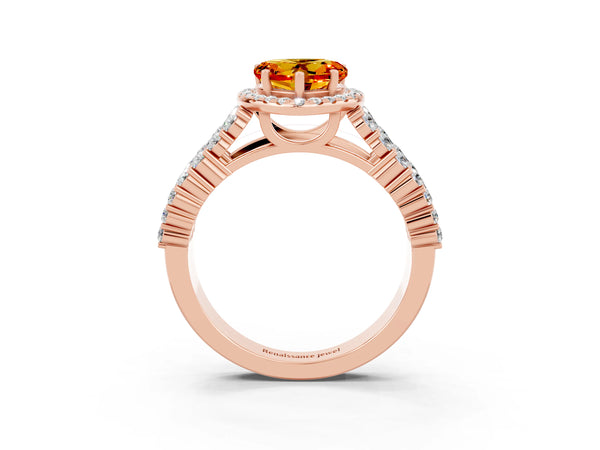Rose gold Heart Cut Citrine Halo Engagement Ring with Triple Row Round Pavé Band and Prong Setting